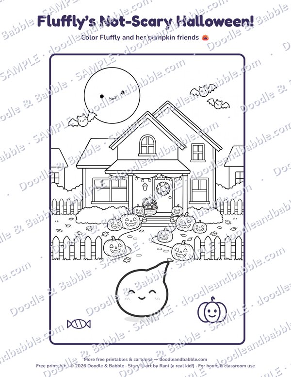 Coloring page: Fluffly the little ghost in front of a house with smiling pumpkins, bats and a smiling moon