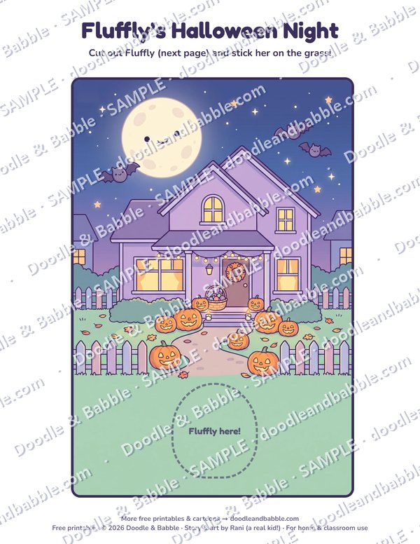 Play scene in color: a cozy Halloween night house with pumpkins, and a dotted spot on the grass for Fluffly