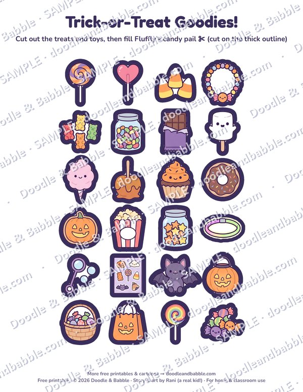 Trick-or-treat goodies to cut out: 24 candies, treats and little toys like lollipops, a cupcake, a donut, bubbles and a bat plush
